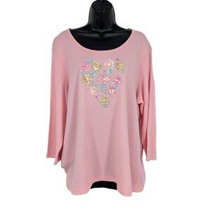 Quacker Factory Embroidered Floral Heart Rhinestone Top Cottage Romantic Size XL